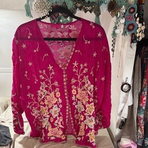 Johnny Was pink embroidered top